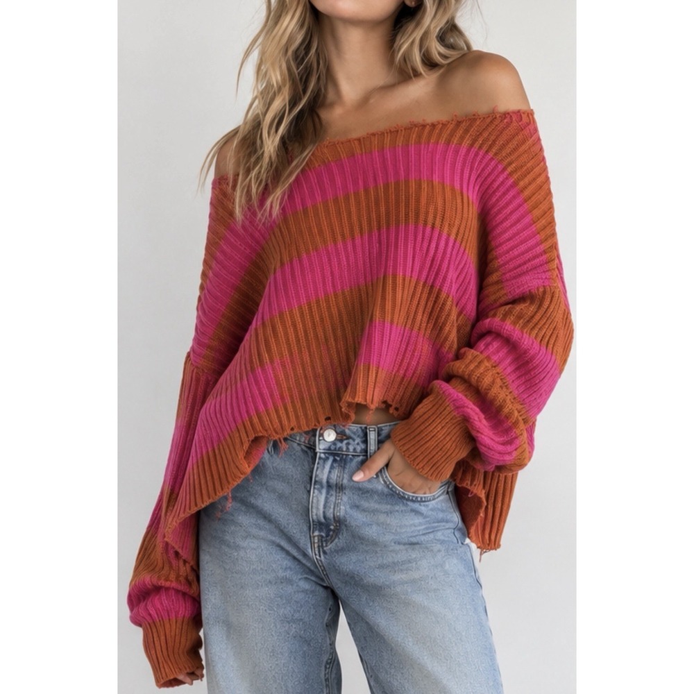 Free People Just My Stripe Pullover Sweater XS Pink Orange Oversized Distressed
